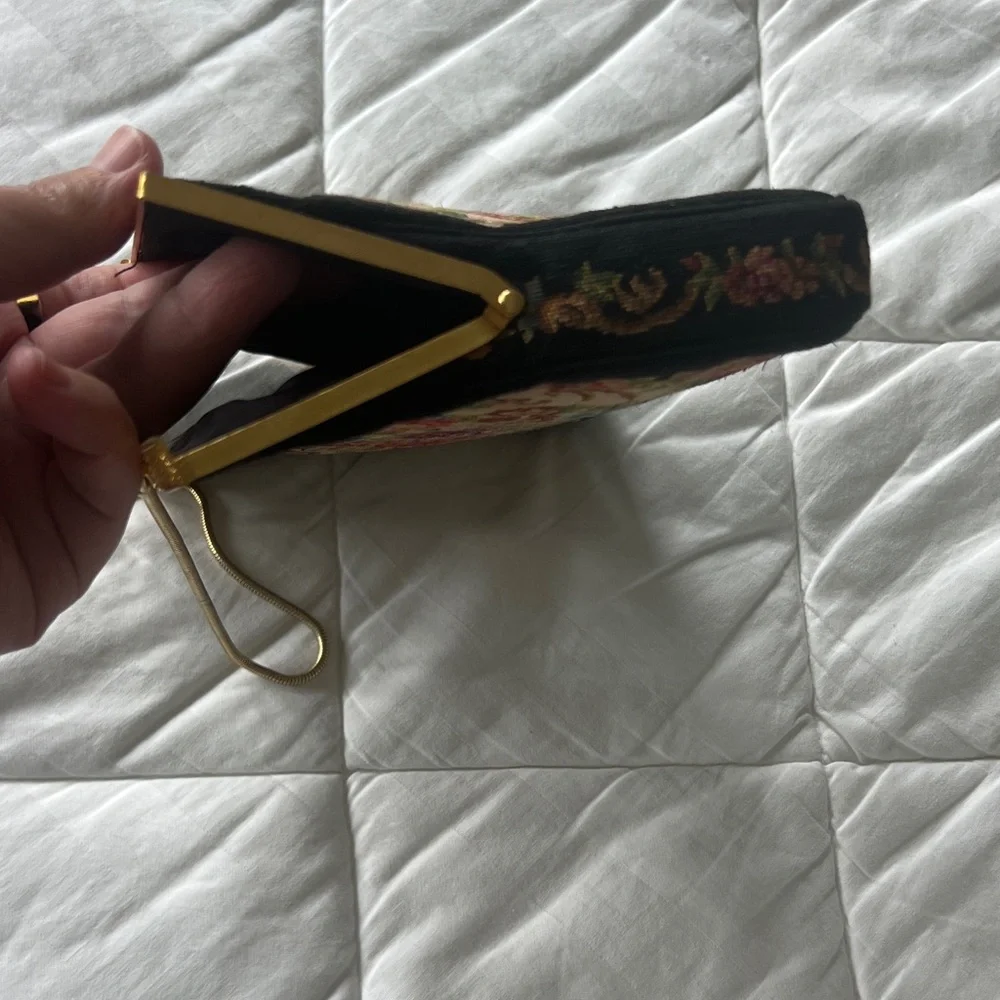 Vintage Petit Point Handmade Floral Tapestry Clutch with Gold Chain - Picture 7 of 8